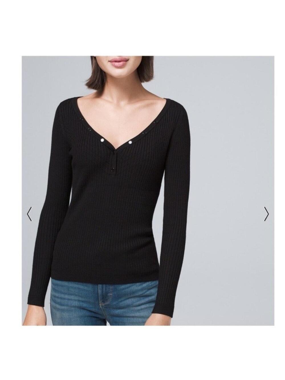 White House Black Market Ribbed Knit Henley V Neck Button Long Sleeve Black SM